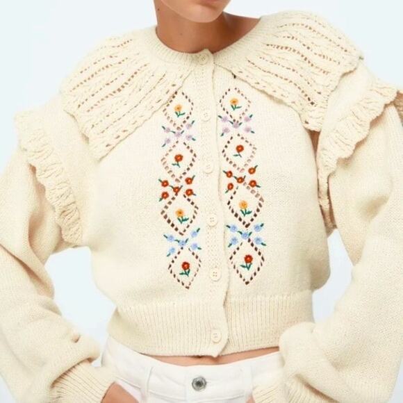 Zara Sweaters - Zara Cream Floral Embroidered Eyelet Collar Frill Sleeve Cardigan Sweater Size S
